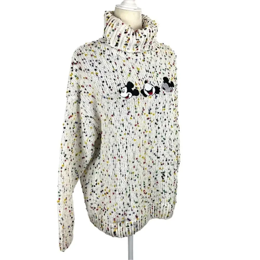 Disney Mickey Mouse Embroidered Turtleneck Confetti Knit Pullover Sweater Large